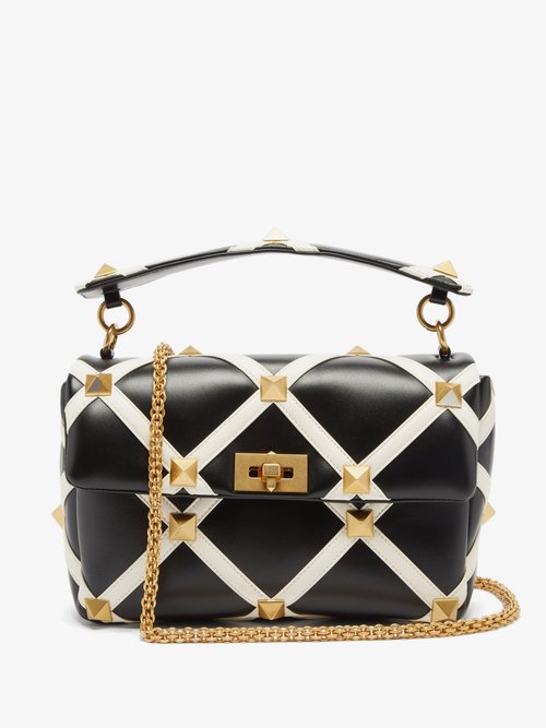 Valentino Garavani - Roman Stud Leather Shoulder Bag Black White ...