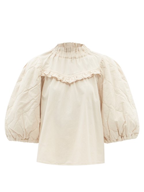 Sea - Layla Puff-sleeves Quilted-cotton Blouse Beige