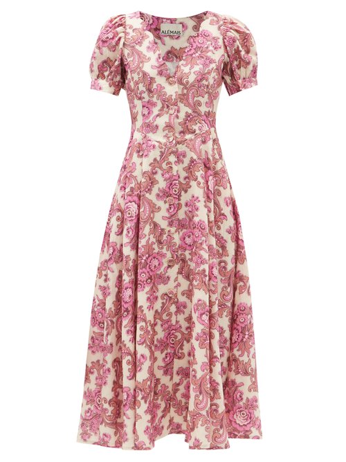Ale mais - Isla Scalloped-neck Floral-print Linen Dress Pink Multi