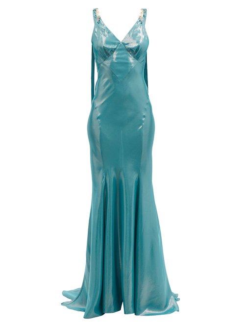 Common Hours - Embellished-shoulder Silk-blend Lurex Maxi Dress Blue