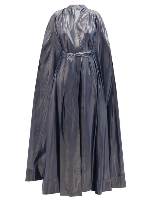 Common Hours - Belted Silk-blend Lurex Cape Gown Grey