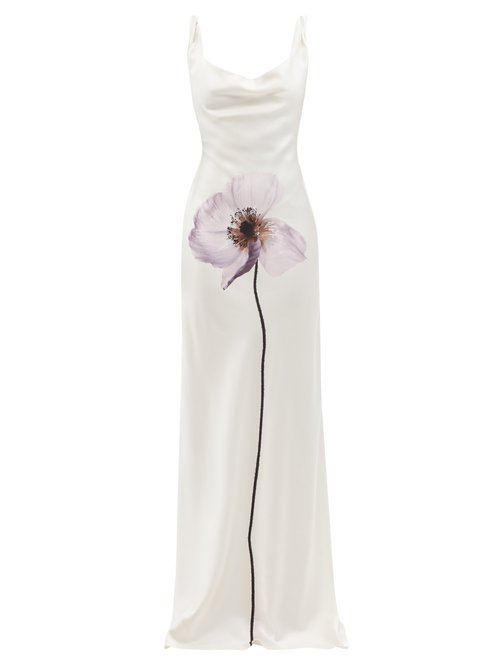 Common Hours - Flower-print Silk-satin Maxi Dress White