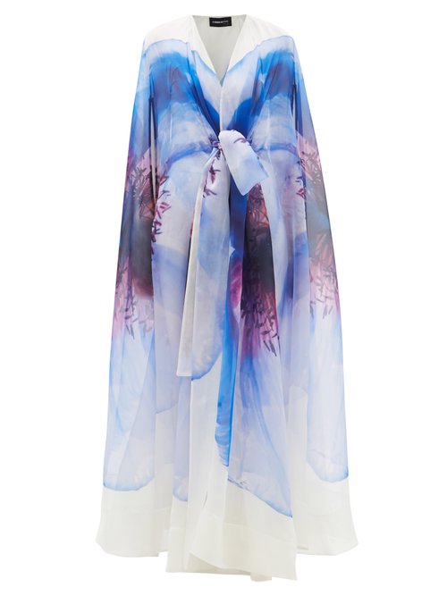 Common Hours - X-ray Floral-print Silk-organza Cape Gown Multi