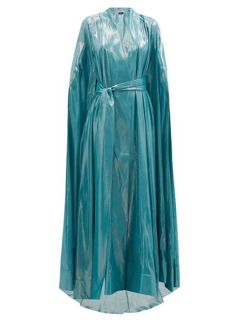 Common Hours - Belted Silk-blend Lurex Cape Gown Blue