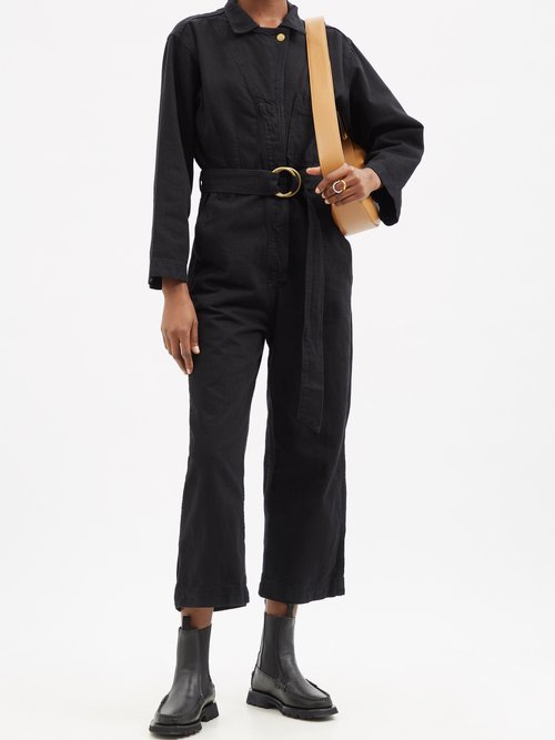 B Sides Clement Belted Denim Wide leg Cropped Jumpsuit In Black