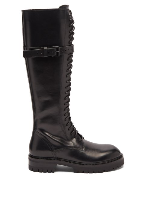 Ann Demeulemeester - Lace-up Leather Flat Knee Boots Black