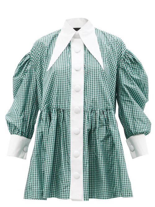Elzinga - Exaggerated-collar Gingham-silk Babydoll Dress Green Multi