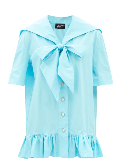 Elzinga - Exaggerated-collar Cotton-poplin Dress Light Blue