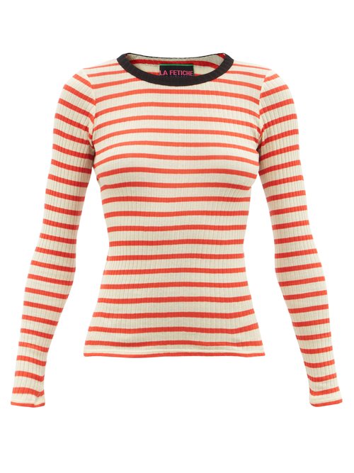 La Fetiche - Jackie Raye Striped Rib-knitted Cotton Sweater Red White