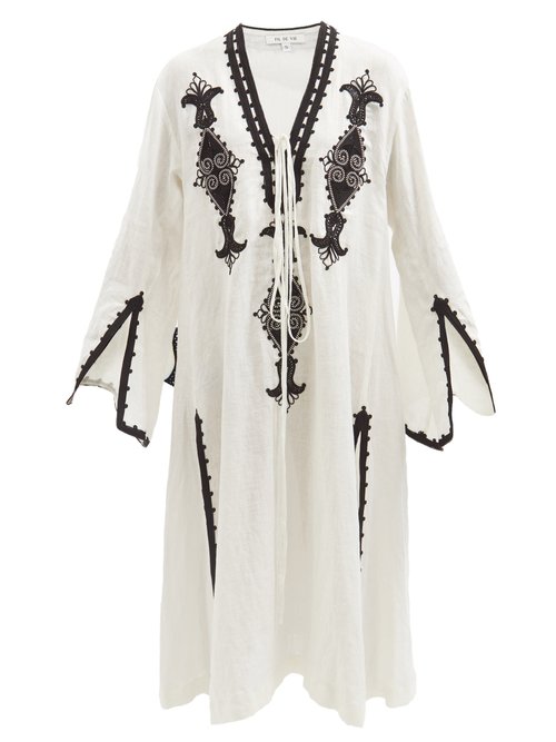 Fil De Vie - Melilla Embroidered Linen Kaftan Dress Cream Beachwear