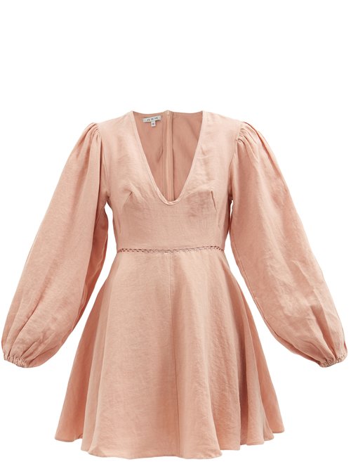 Fil De Vie - Montauk Balloon-sleeve Linen Mini Dress Light Pink