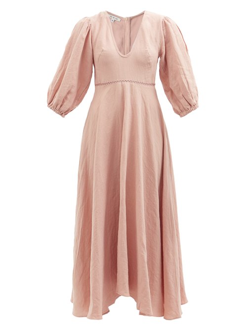 Fil De Vie - Market Puff-sleeve Linen Midi Dress Light Pink
