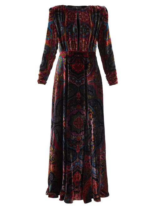 Etro - Padded-shoulder Paisley-jacquard Velvet Maxi Dress Multi