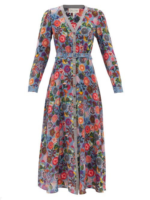 Saloni - Lea V-neck Floral-print Silk Maxi Dress