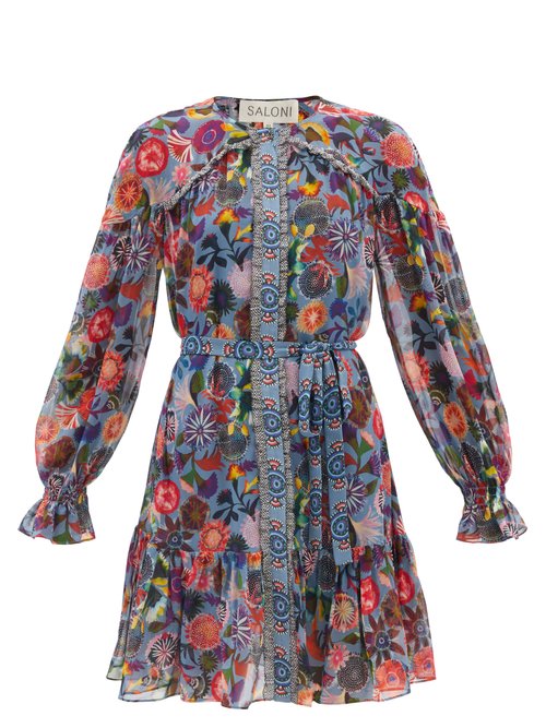 Saloni - Pixie Floral-print Ruffle-hem Silk Dress Multi