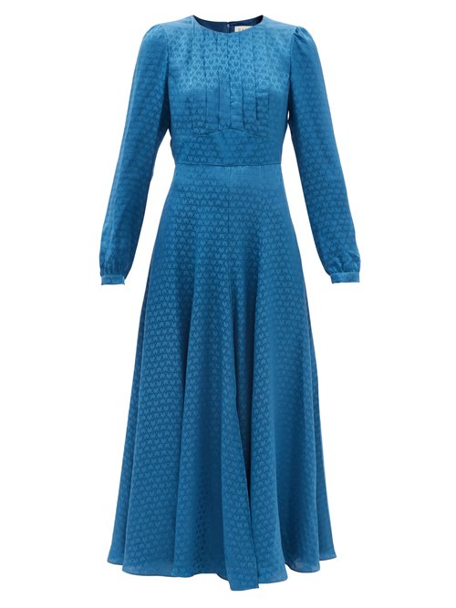 Saloni - Sandra Diamond Silk-jacquard Maxi Dress Blue