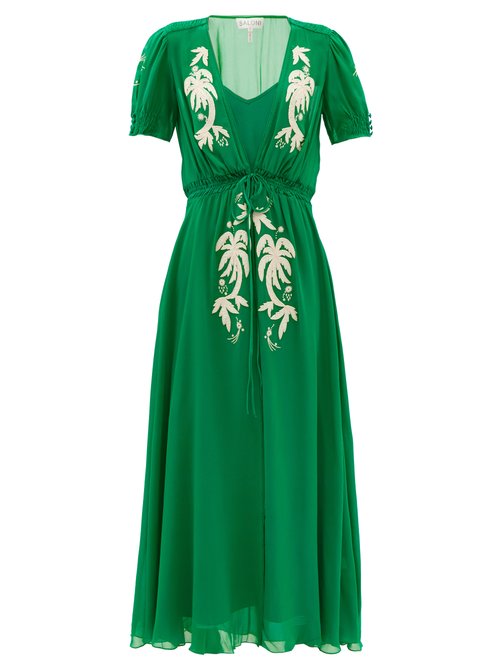 Saloni - Lea Embroidered Appliqué Silk-crepe Dress Green