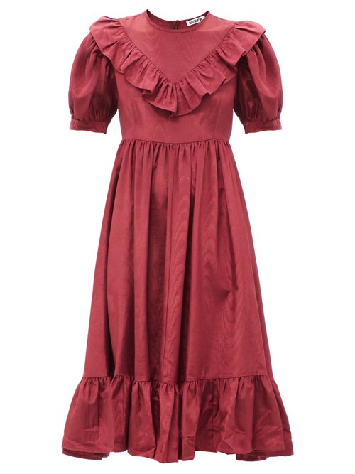 Buy Batsheva - May Ruffled Moiré Midi Dress Burgundy online - shop best Batsheva clothing sales