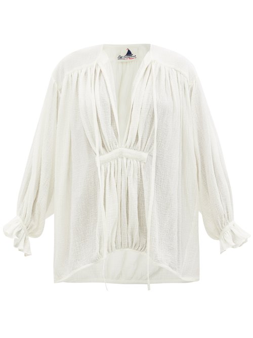 Les Vacances D'irina - Hazy Nipple Gathered Sheer Cotton-voile Shirt Ivory