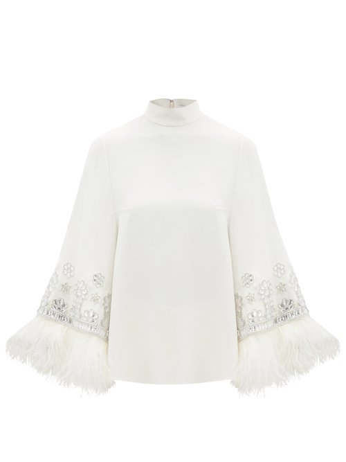 Andrew Gn - Crystal-embellished Feather-trim Crepe Top White Multi