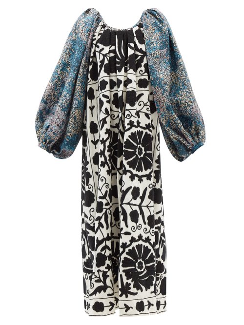Buy Rianna + Nina - Suzani-embroidered Cotton & Silk Midi Dress Multi online - shop best Rianna + Nina clothing sales