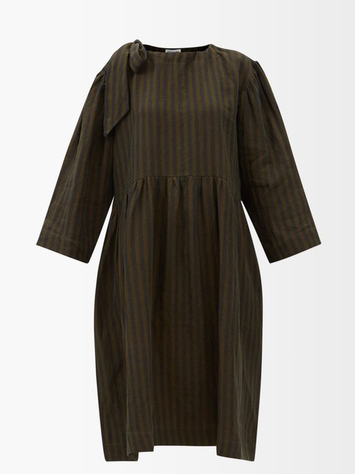 Buy Cawley Studio - Mary Striped Linen Dress Green Navy online - shop best Cawley Studio clothing sales