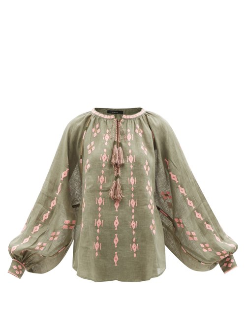 Vita Kin - Casablanca Embroidered Linen Blouse Khaki Multi