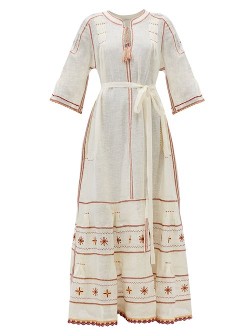 Vita Kin - Salma Tie-waist Embroidered Linen Dress Cream Multi