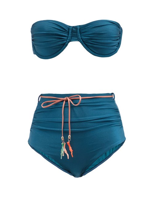 Zimmermann - Cassia Tie-waist Ruched Bandeau Bikini Blue Beachwear
