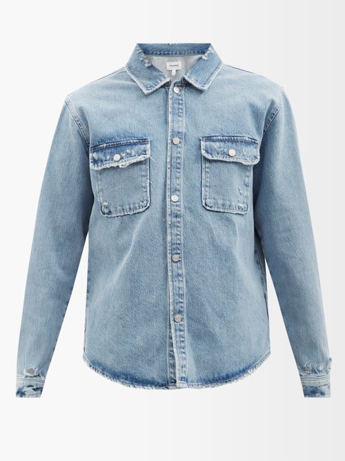 Flap-pocket Distressed Cotton-blend Denim Shirt
