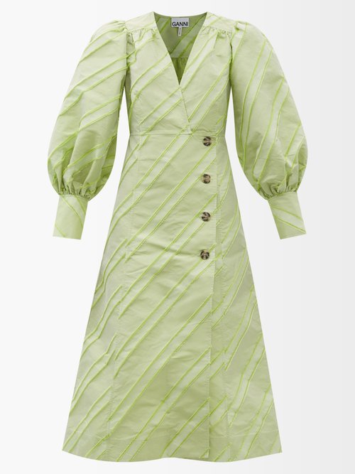 Ganni – Striped V-neck Taffeta Midi Dress Light Green
