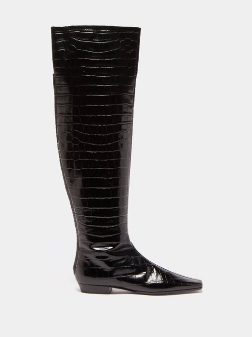 Crocodile-effect Leather Over-the-knee Boots