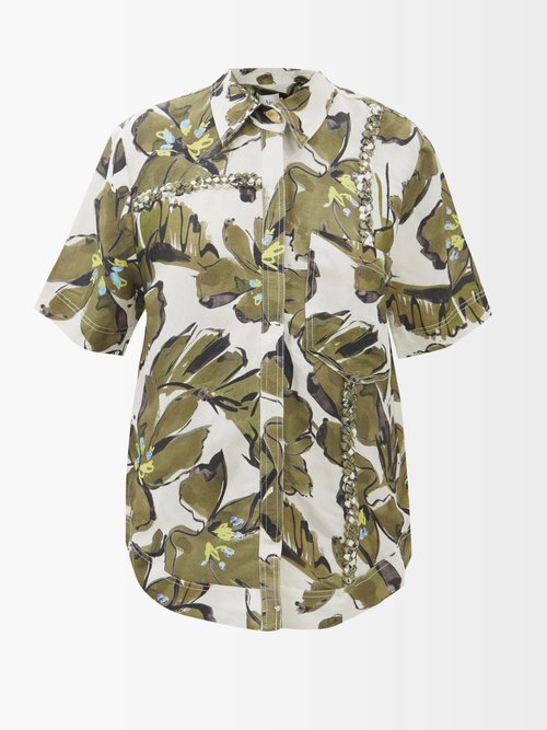 Aje - Oasis Floral-print Braided Linen Shirt Green Print
