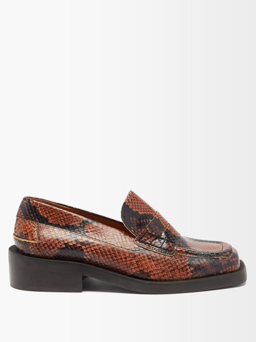 Ganni Square-toe Snake-effect Leather Penny Loafers