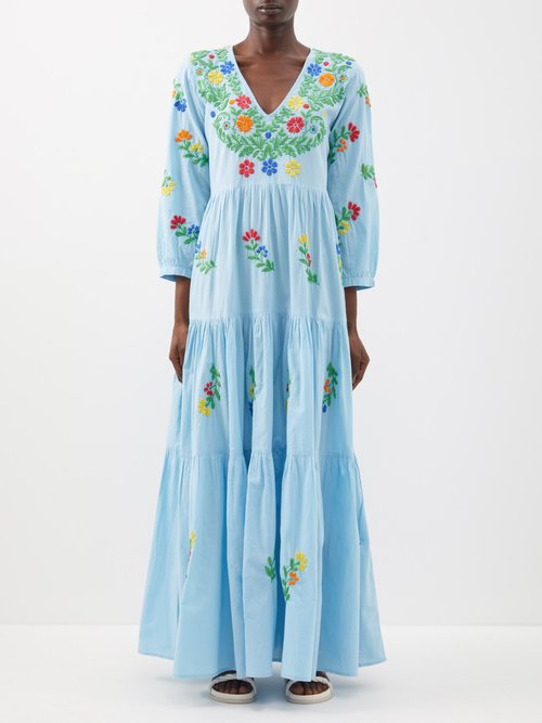muzungu sisters - frangipani tiered embroidered cotton maxi dress womens blue multi
