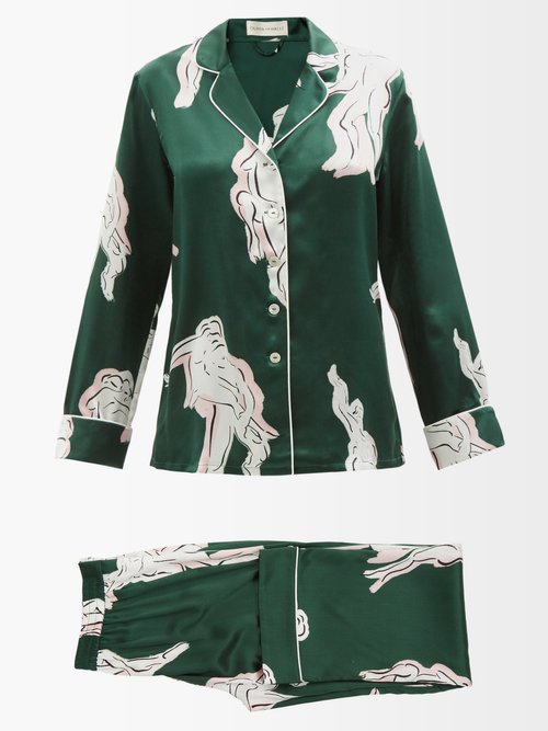 Olivia Von Halle - Lila Waltz-print Silk-satin Pyjamas - Womens - Green Print