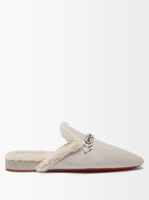 Christian Louboutin Woolito Spiked Shearling Backless Loafers