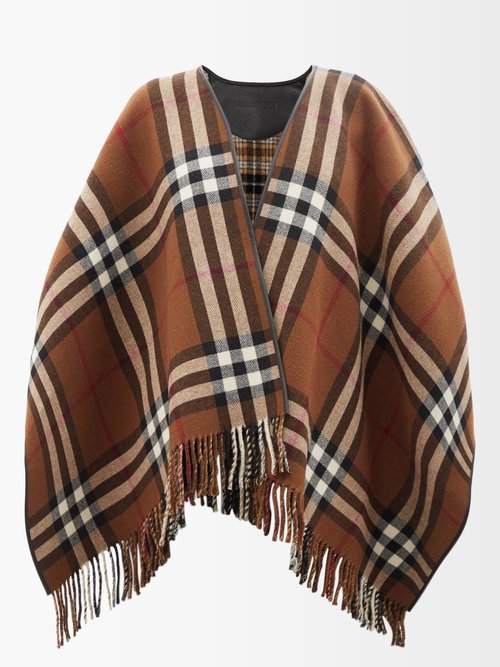 Burberry Checked Fringed Wool Shawl In Brown Multi