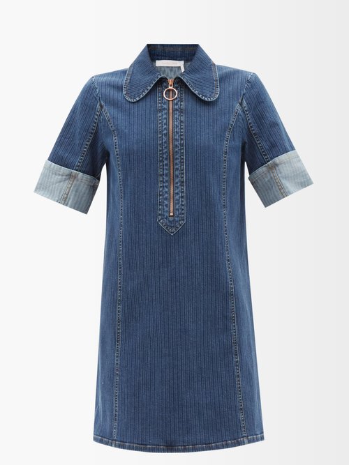 See By Chloé Short-sleeved Half-zipped Denim Dress In Mid Denim