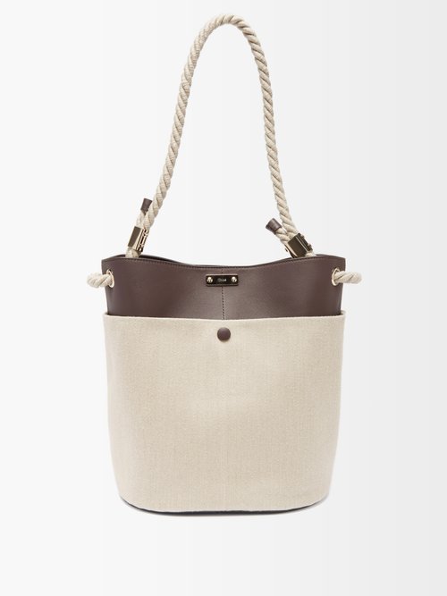 Chloé - Logo-plaque Linen-twill And Leather Bucket Bag Brown Beige
