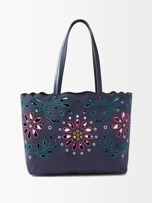 Chloé - Kamilla Floral-cutout Linen Tote Bag Navy Multi
