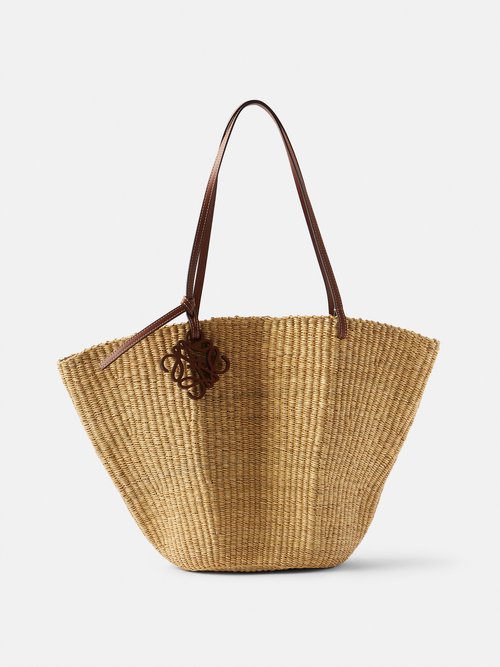 Shell Leather-trim Raffia Basket Bag