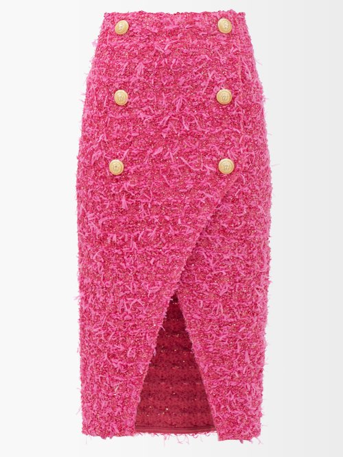 Balmain X Barbie Wrap-effect Lurex-tweed Pencil Skirt