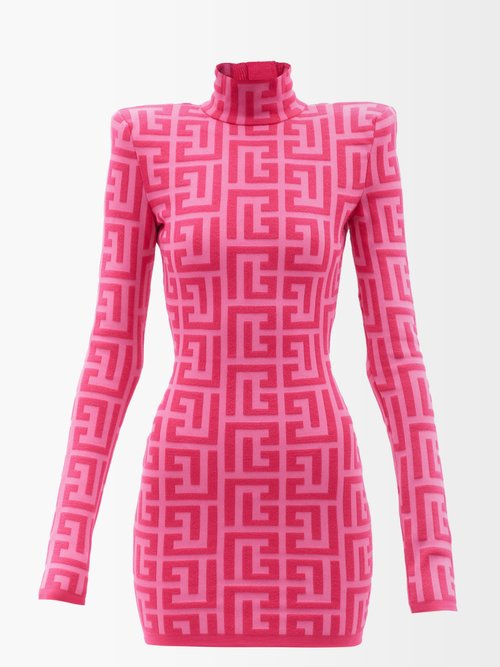 Balmain X Barbie Monogram-jacquard Padded-shoulder Dress