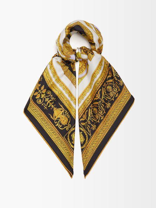 Versace Baroque-print Silk Scarf In Black Gold