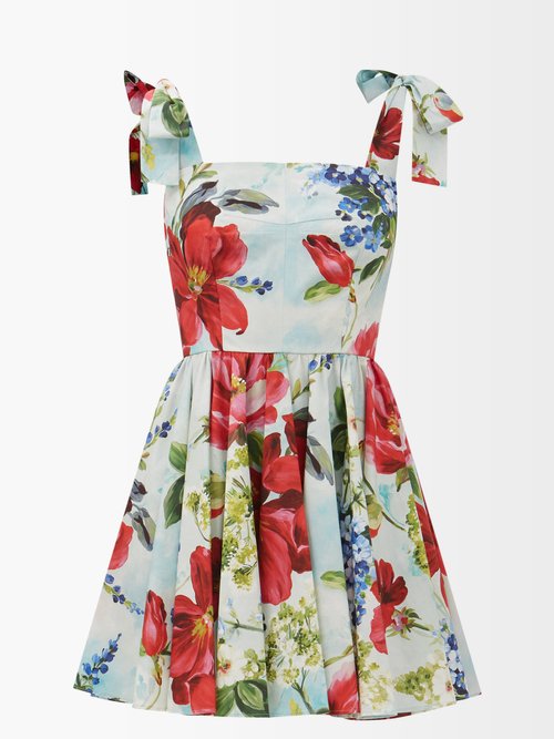 Shoulder-tie Floral-print Cotton-poplin Mini Dress