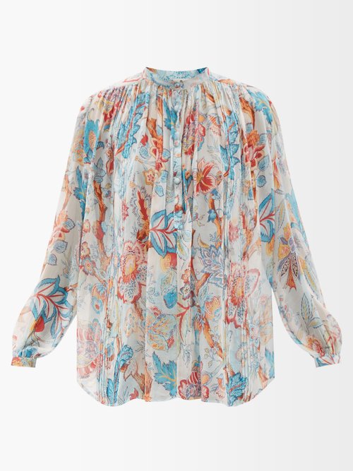 Etro Floral-print Pleated Silk Peasant Blouse In Blue Print