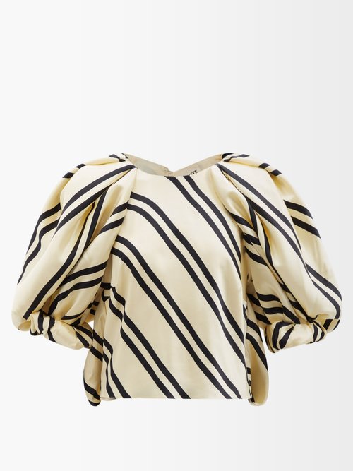 Khaite Rene Puff-sleeve Striped-silk Top