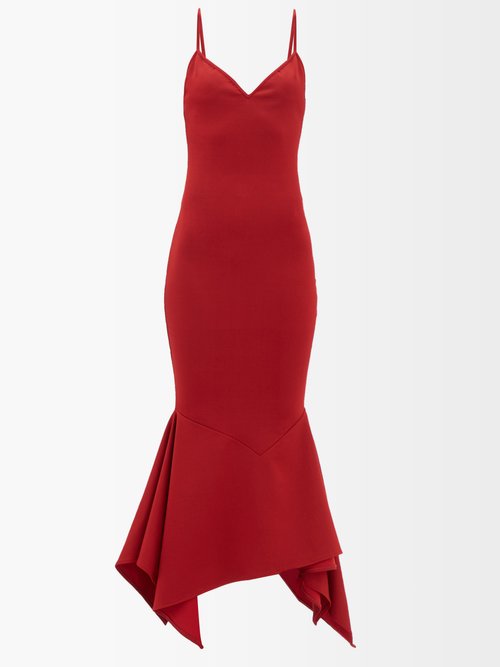 Alexandre Vauthier - V-neck Fishtail-hem Jersey Midi Dress Dark Red