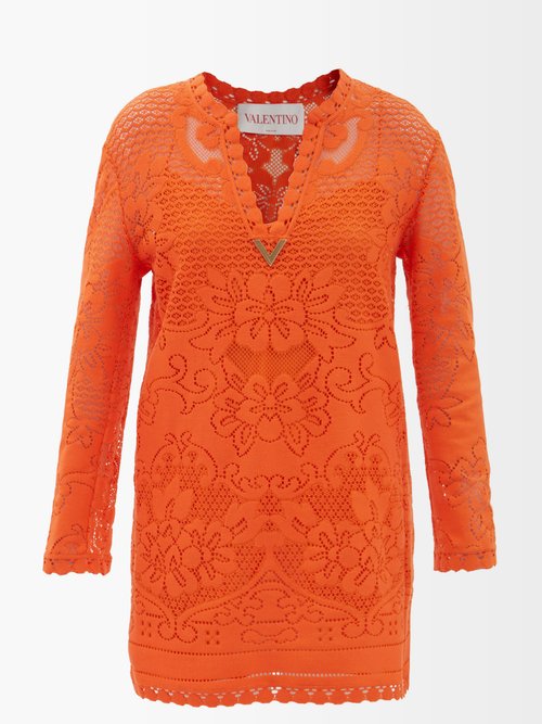 Valentino – Peonies V-logo Cotton-blend Lace Dress Orange